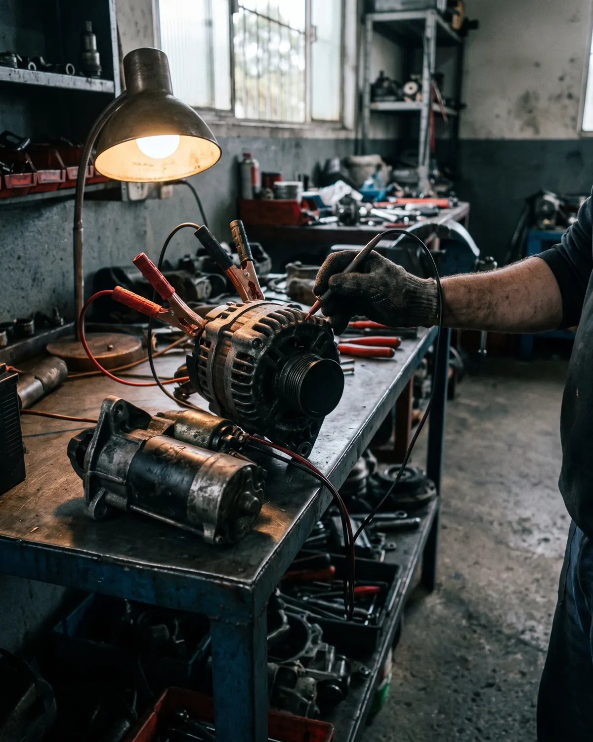 Alternador e motor de arranque de caminhão em bancada de teste elétrico