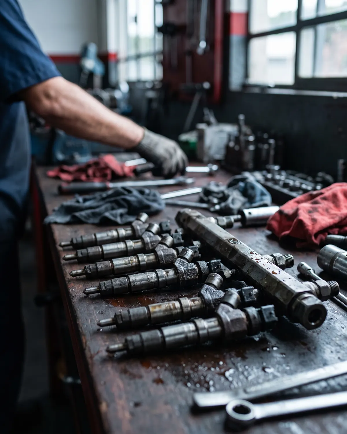 Bicos injetores e tubo common rail de motor diesel em bancada