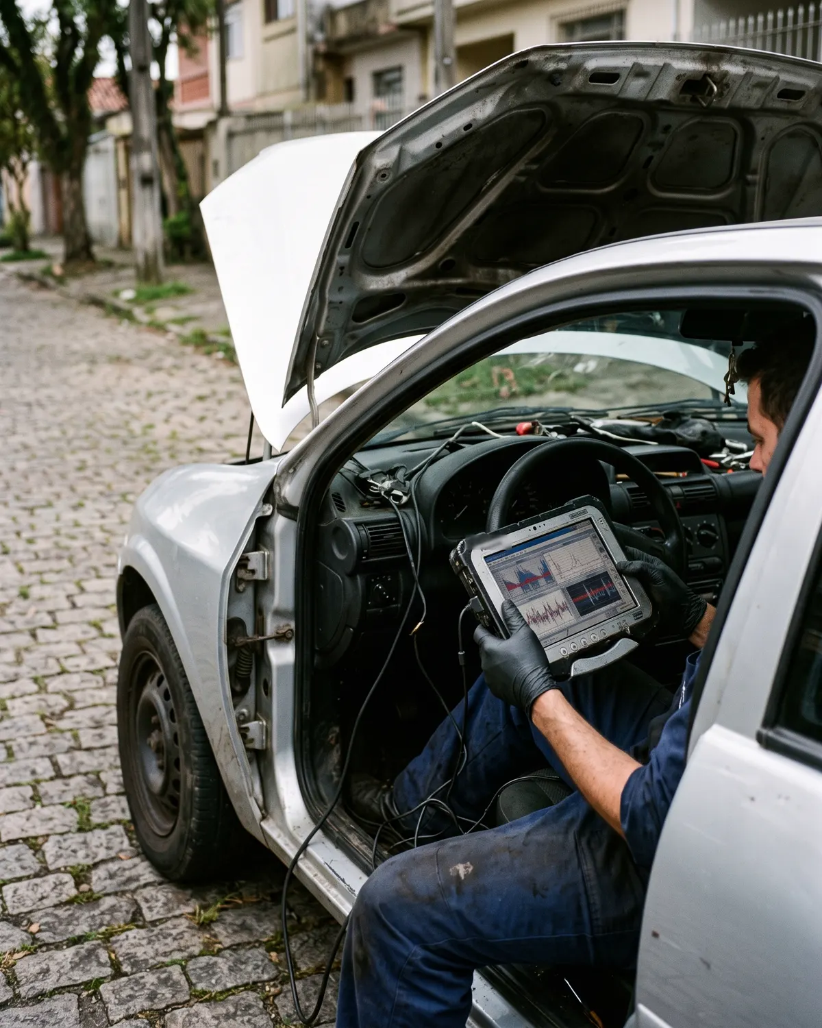 Carro com o capô aberto e scanner de diagnóstico conectado ao painel