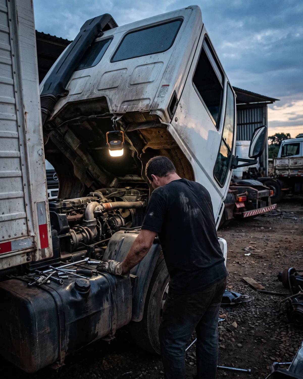 Mecânico trabalhando no motor diesel de um caminhão com a cabine basculada