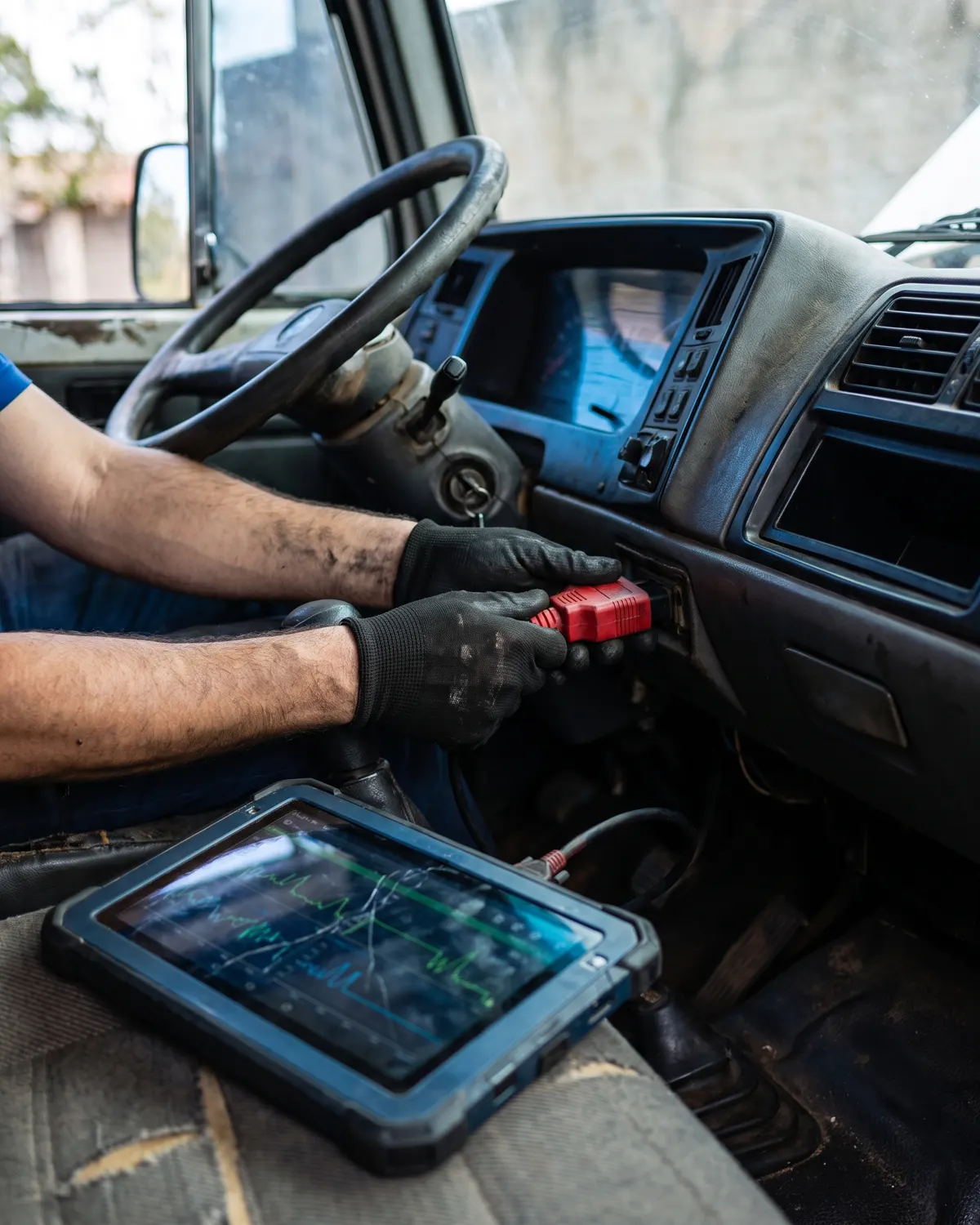 Técnico conectando o scanner de diagnóstico no conector da cabine de um caminhão