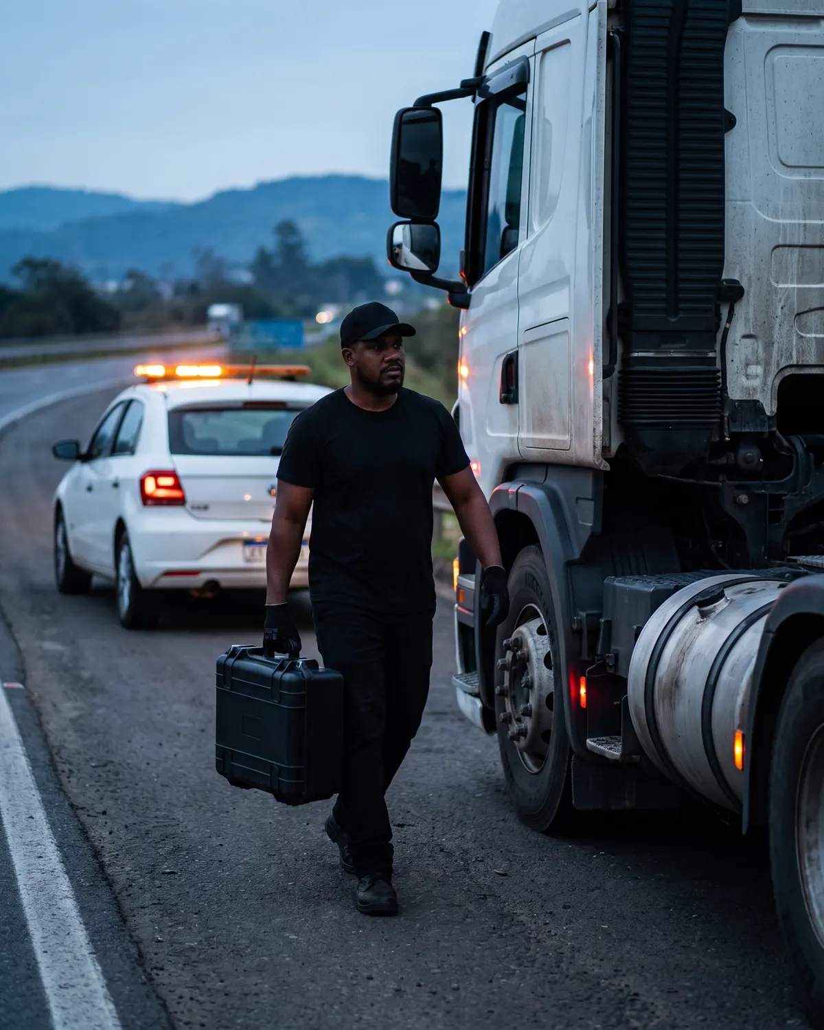 Técnico da JCF chegando com maleta de diagnóstico a um caminhão parado